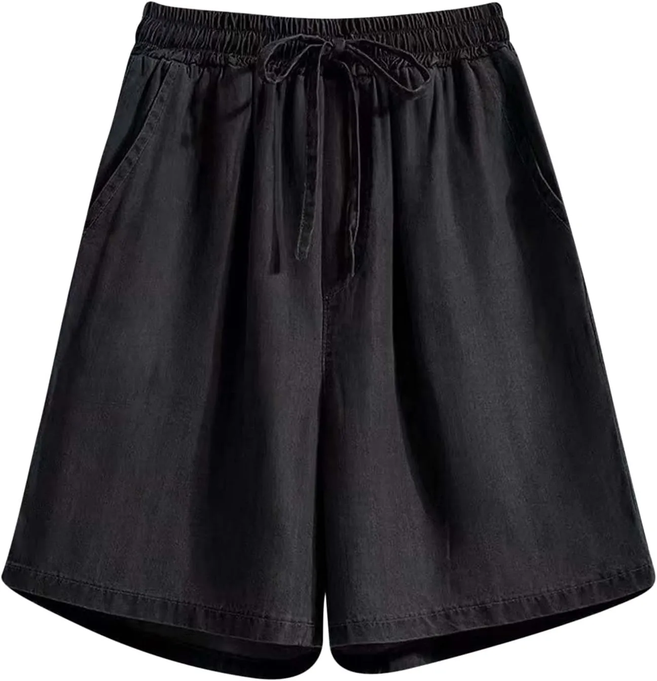 Wide Leg Jean Shorts Women's High Waist Knee Length Denim Shorts Drawstring Bermuda Shorts Casual Stretchy Jeans