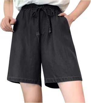 Wide Leg Jean Shorts Women's High Waist Knee Length Denim Shorts Drawstring Bermuda Shorts Casual Stretchy Jeans