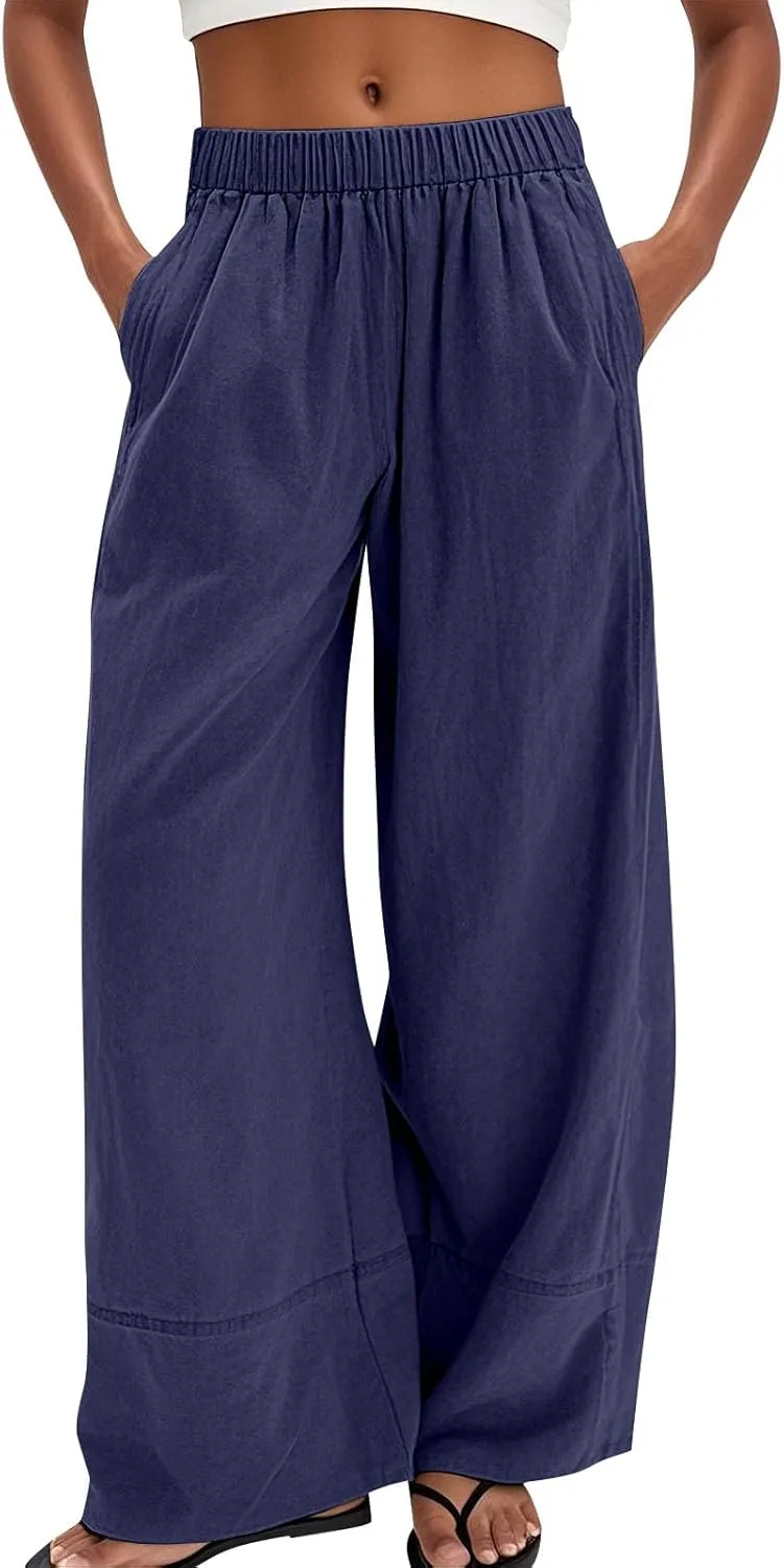 Wide Leg Linen Pants for Women Baggy Elastic High Waisted Palazzo Pants Boho Summer Beach Flowy Pants with Pockets