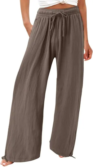 Wide Leg Linen Pants for Women Casual Drawstring High Waisted Palazzo Pants Summer Lightweight Flowy Beach Pants with Pockets Gauze Comfy Lounge Pants Cotton Linen Wide Leg Pants Resort Wear 2025