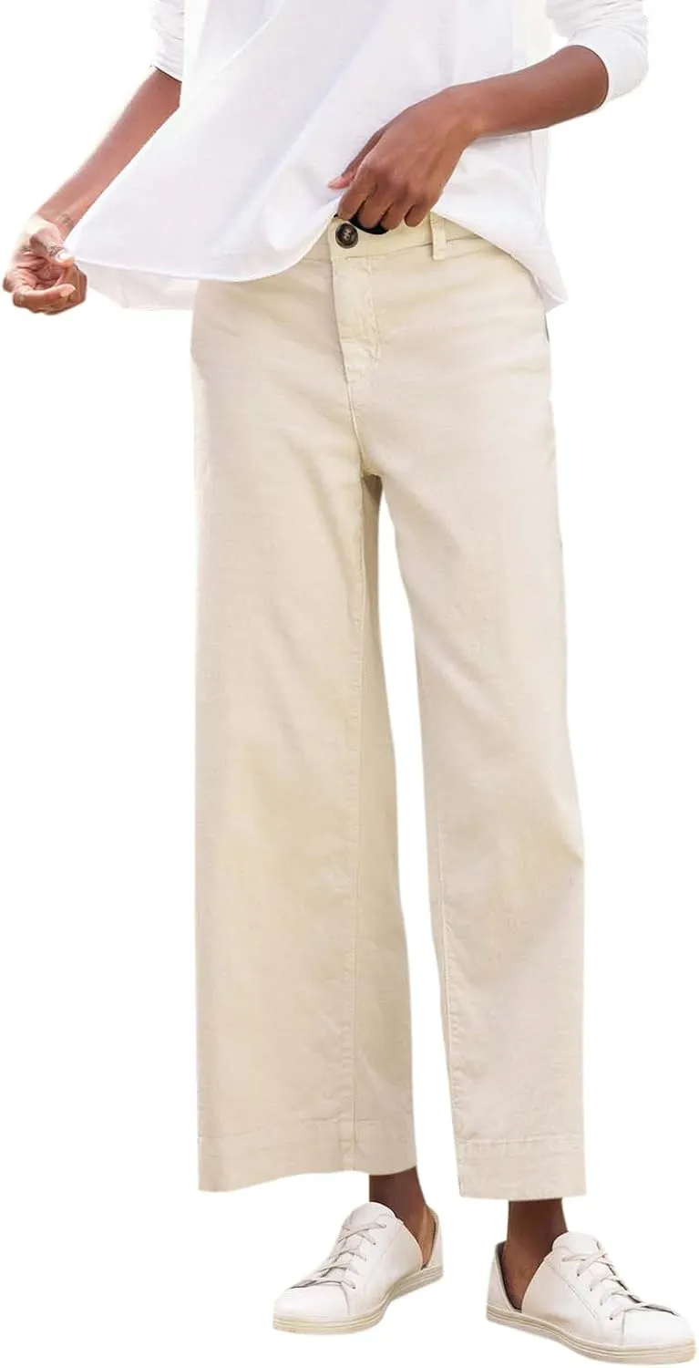 Wide Leg Linen Pants Women Cropped Elastic High Waisted Dress Pants Business Casual Comfy Work Pants with Pockets