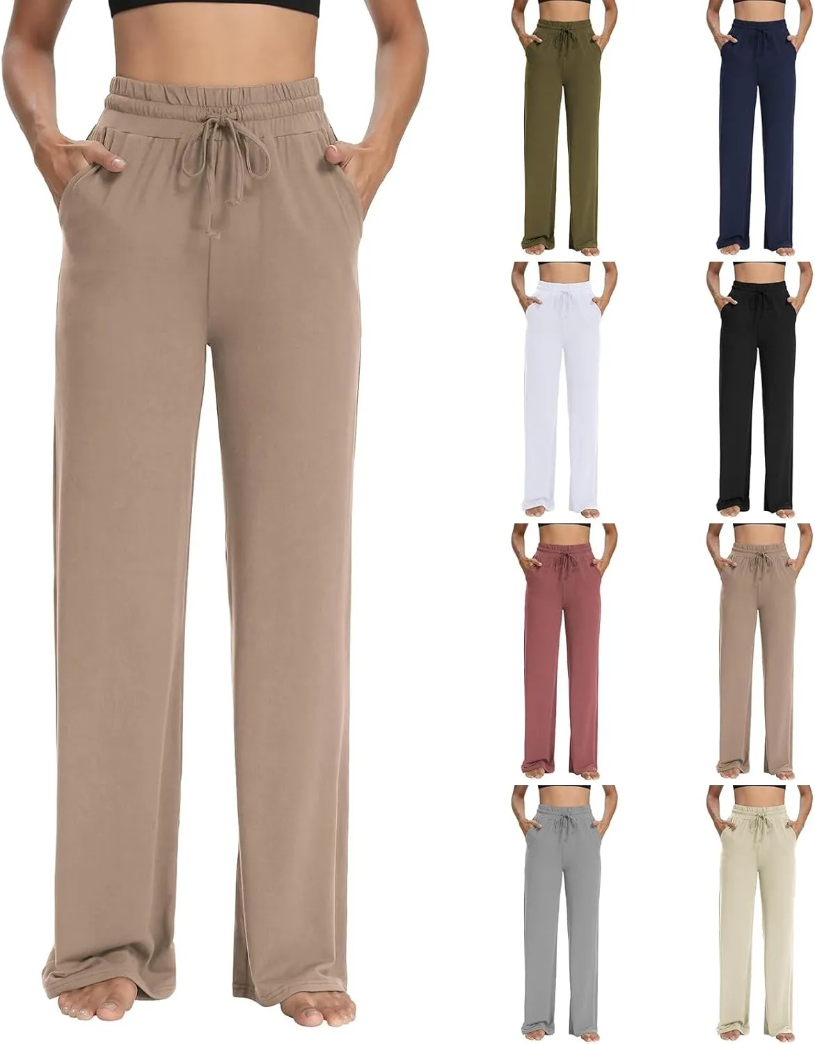 Wide Leg Pants for Women Baggy Drawstring High Waisted Yoga Trouser Pants Casual Comfy Palazzo Pants with Pockets