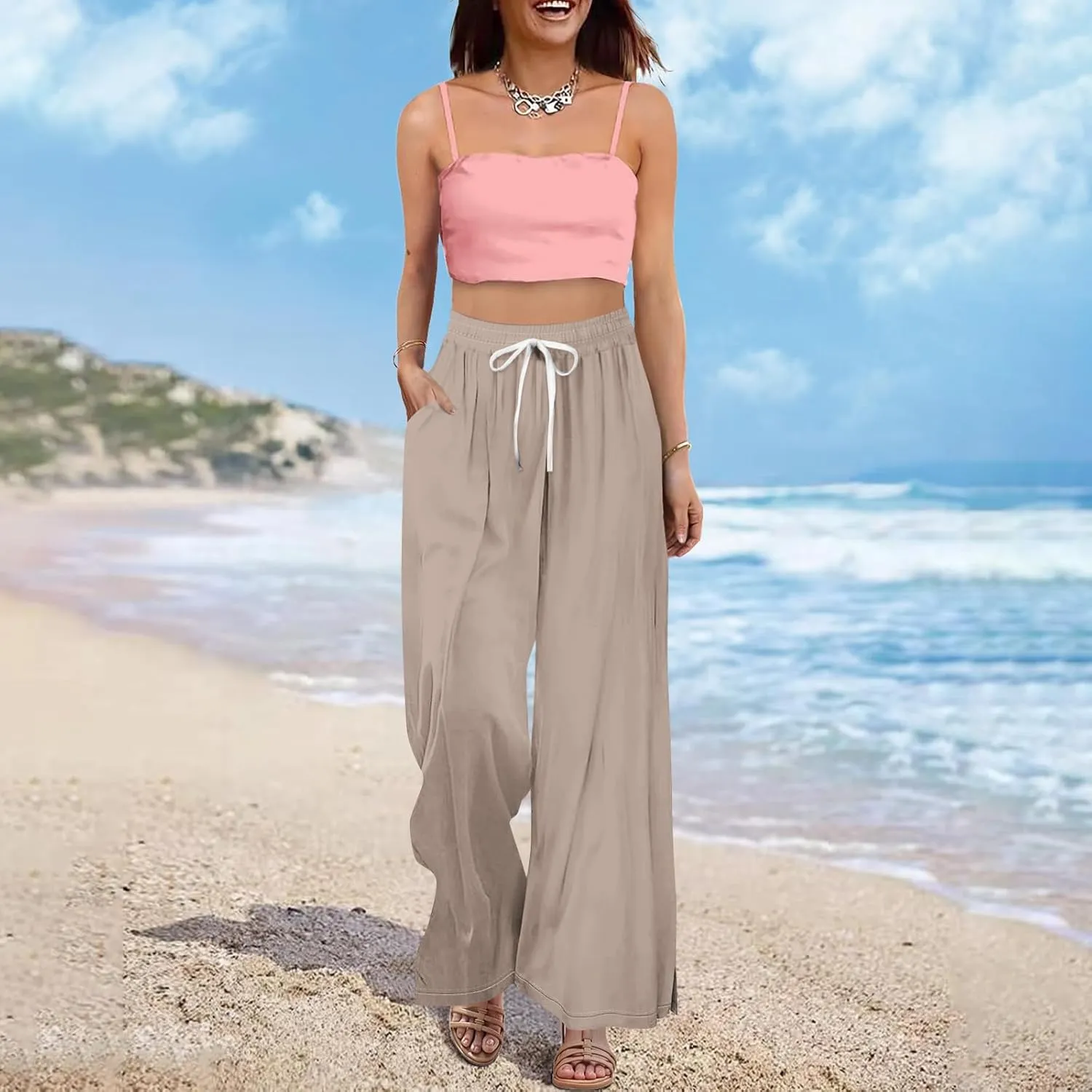 Wide Leg Pants for Women Casual Summer High Waistd Flowy Beach Pants Drawstring Elastic Waist Solid Pockets Trousers