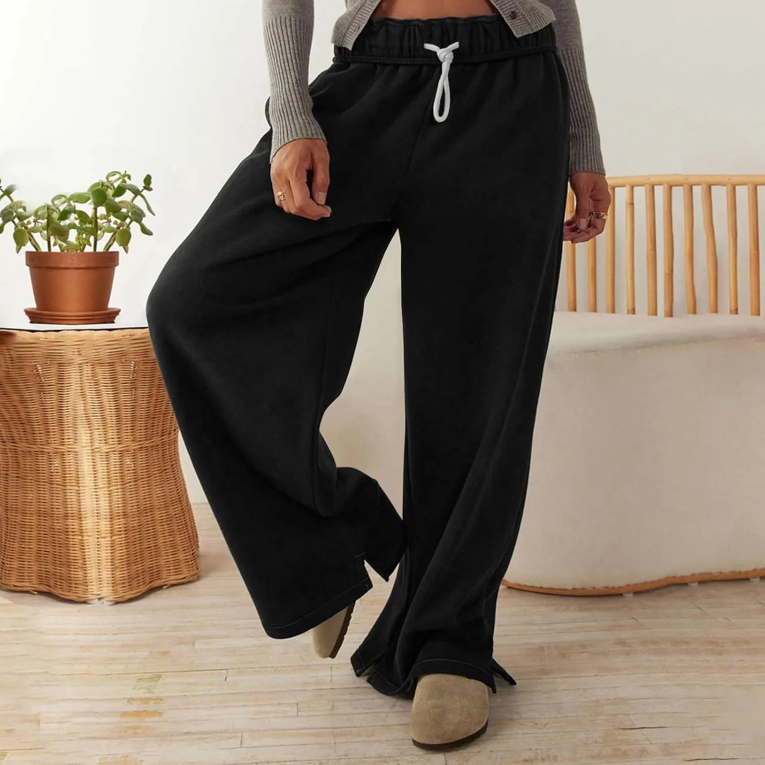 Wide Leg Sweatpants Women Baggy Fleece Drawstring High Waisted Lounge Pants with Pockets Casual Athletic Pants