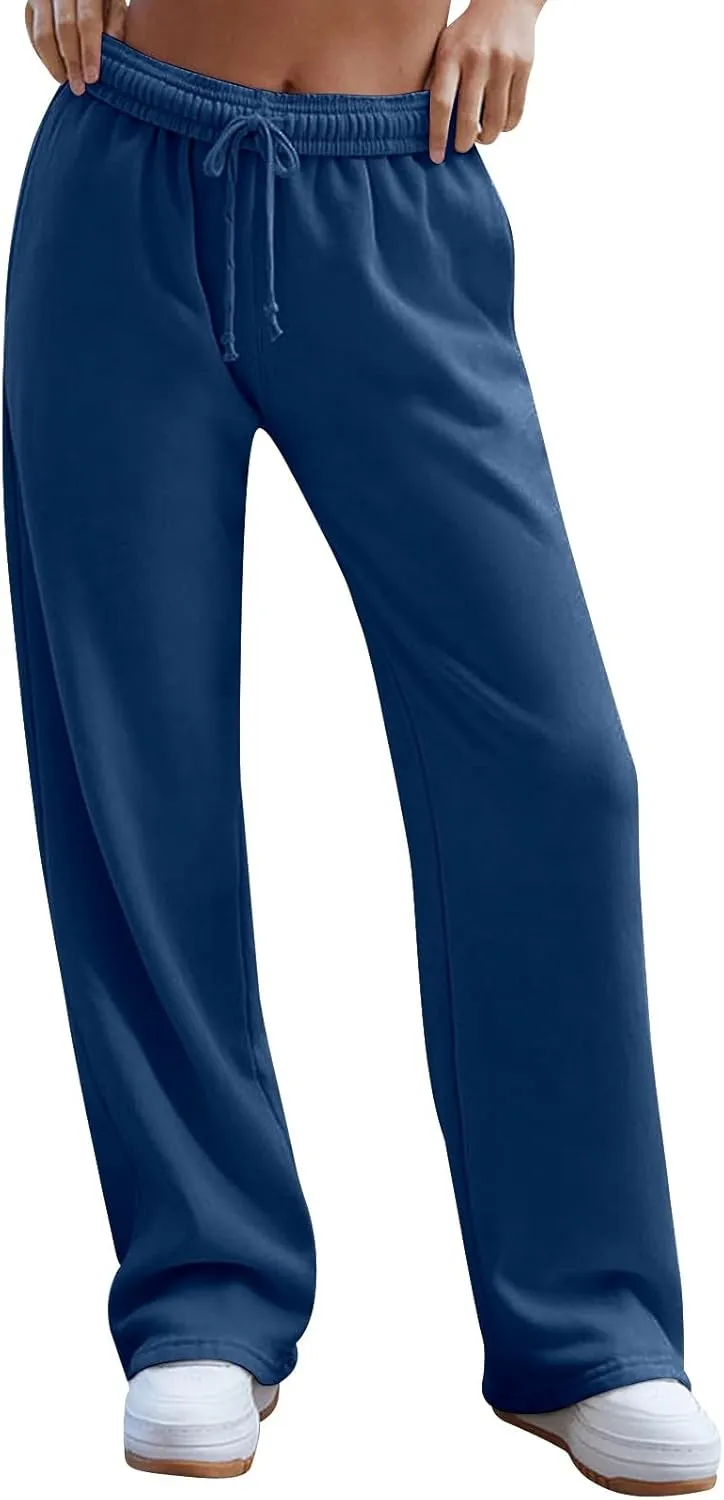 Wide Leg Sweatpants Women Baggy High Waisted Drawstring Joggers with Pockets Trendy Fleece Track Pants