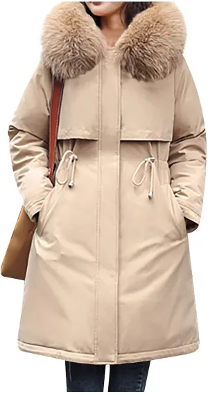 Winter Jacket for Women Long Parka Trench Coat Comfy Stitching Casual Cardigan Lapel Overcoat Belted Slim Outerwear