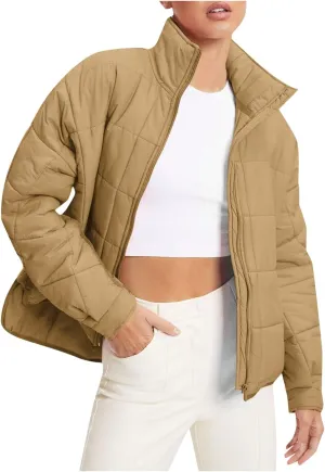 Winter Simple Solid Zip Up Jacket for Womens Comfort Long Sleeve Outwear Stand Collar Insulated Slim Coat Daily Outfits