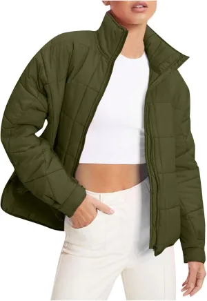 Winter Simple Solid Zip Up Jacket for Womens Comfort Long Sleeve Outwear Stand Collar Insulated Slim Coat Daily Outfits