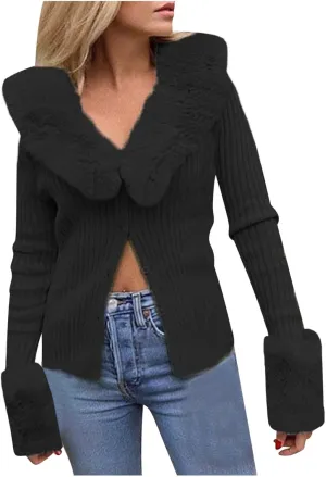 Wkishenl Women Knit Sweater Cardigan Solid Color Button Down Open Front Coat Fall Fashion Outwear with Fur Collar Cuffs Tops