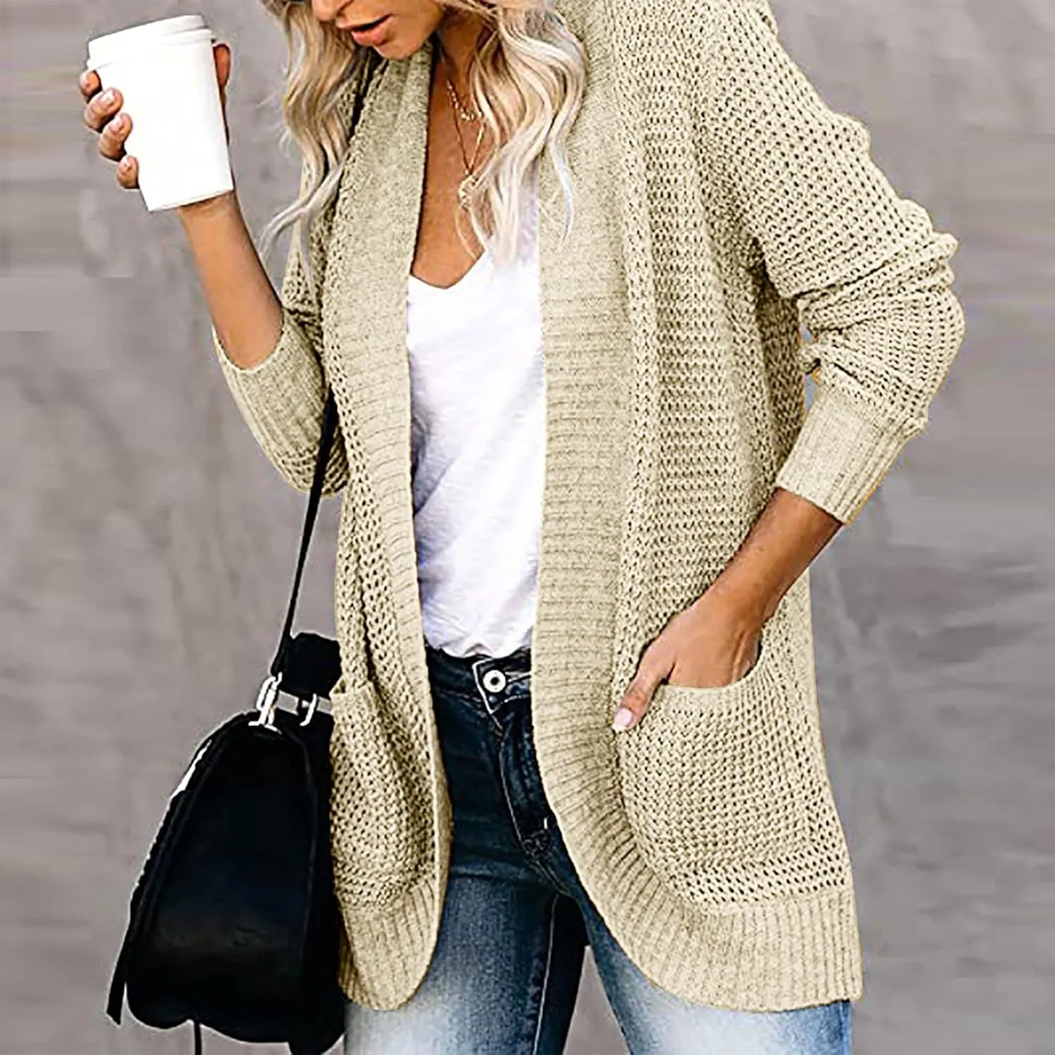 Wkishenl Womens Loose Open Front Cardigan Long Sleeve Chunky Coat Casual Lightweight Soft Knit Sweaters Outwear with Pockets
