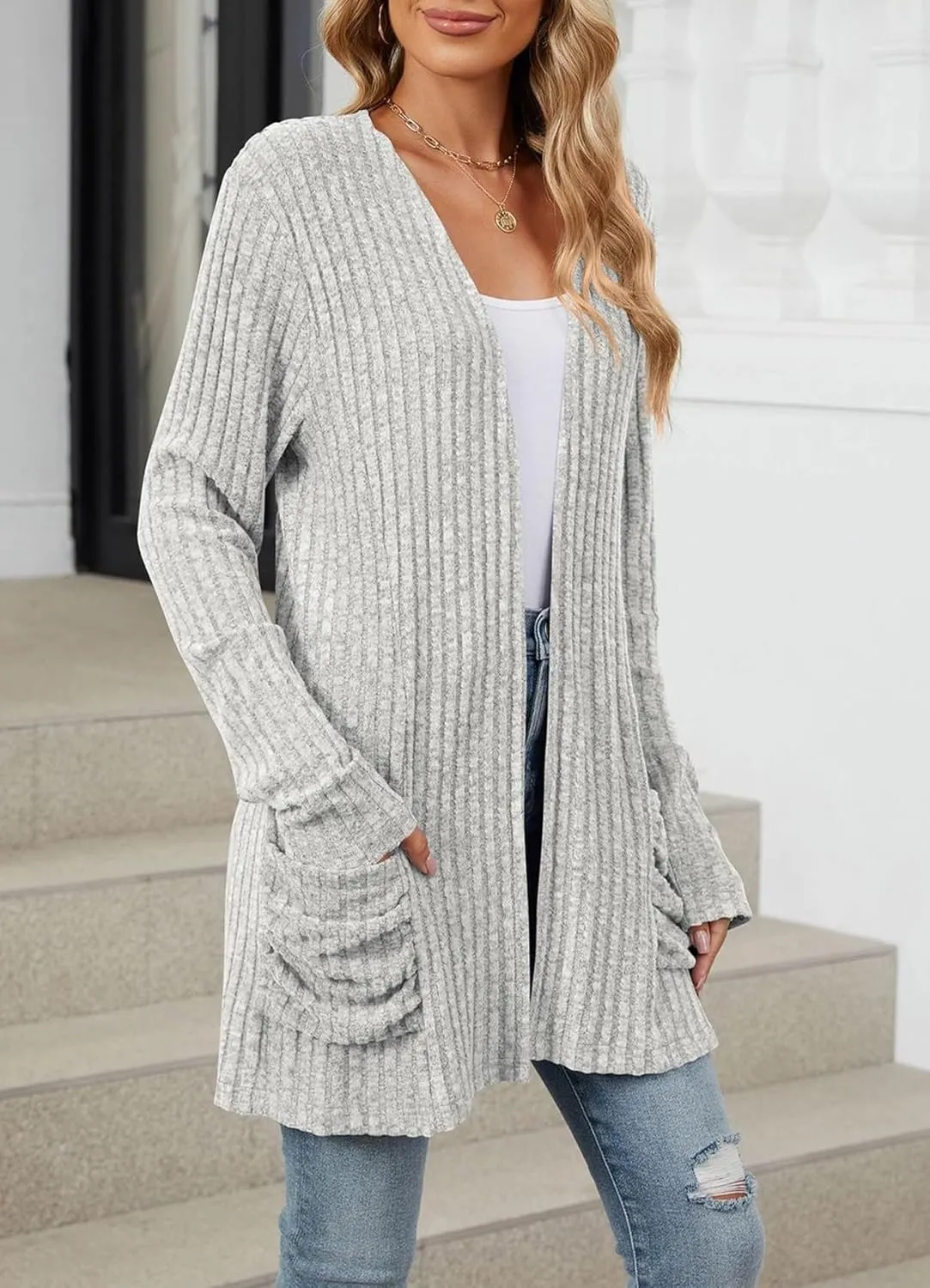 Women 2024 Long Sleeve Open Front Chunky Cable Knit Cardigan Sweaters Lightweight Casual Pockets Fall Outwear Coat