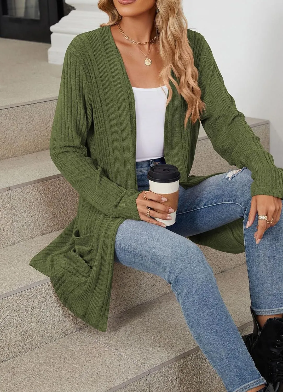 Women 2024 Long Sleeve Open Front Chunky Cable Knit Cardigan Sweaters Lightweight Casual Pockets Fall Outwear Coat