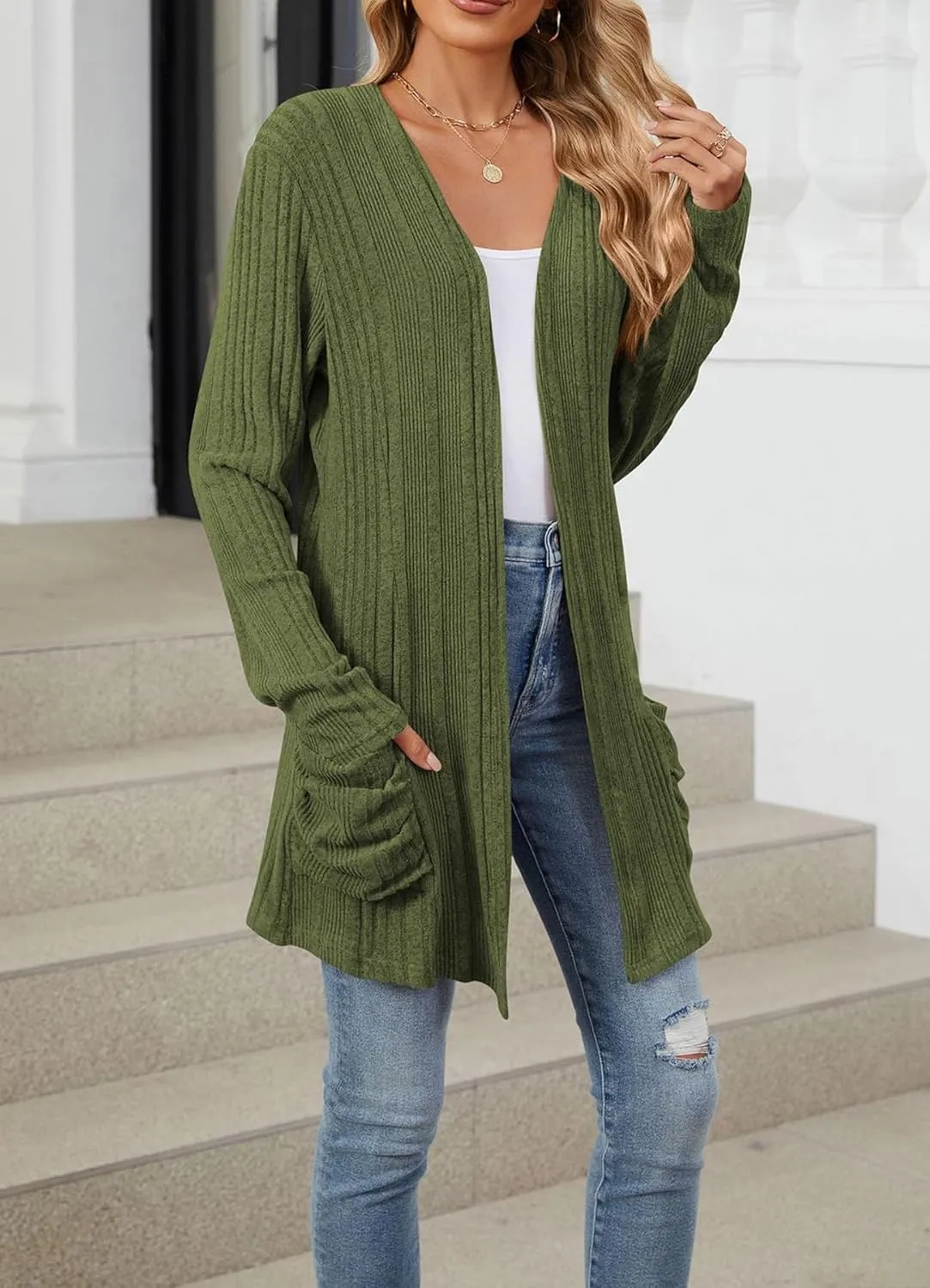 Women 2024 Long Sleeve Open Front Chunky Cable Knit Cardigan Sweaters Lightweight Casual Pockets Fall Outwear Coat