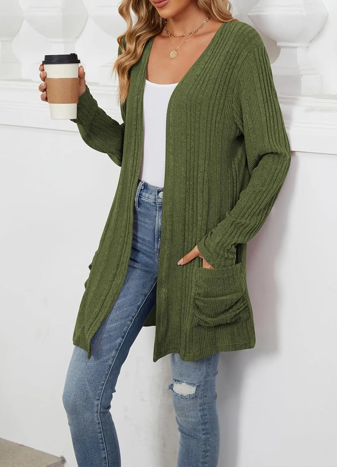 Women 2024 Long Sleeve Open Front Chunky Cable Knit Cardigan Sweaters Lightweight Casual Pockets Fall Outwear Coat