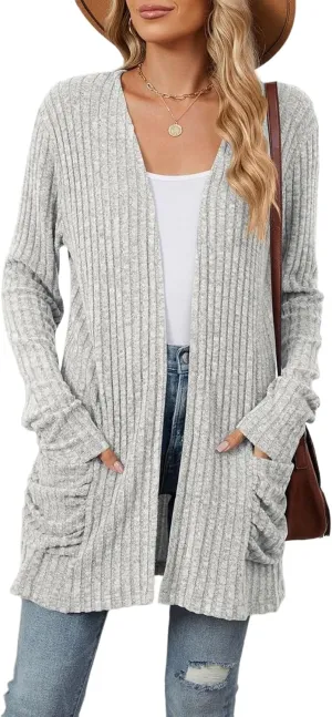 Women 2024 Long Sleeve Open Front Chunky Cable Knit Cardigan Sweaters Lightweight Casual Pockets Fall Outwear Coat