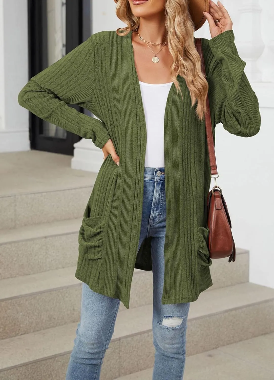 Women 2024 Long Sleeve Open Front Chunky Cable Knit Cardigan Sweaters Lightweight Casual Pockets Fall Outwear Coat