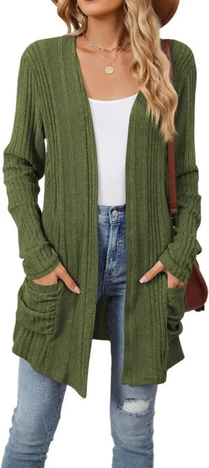 Women 2024 Long Sleeve Open Front Chunky Cable Knit Cardigan Sweaters Lightweight Casual Pockets Fall Outwear Coat