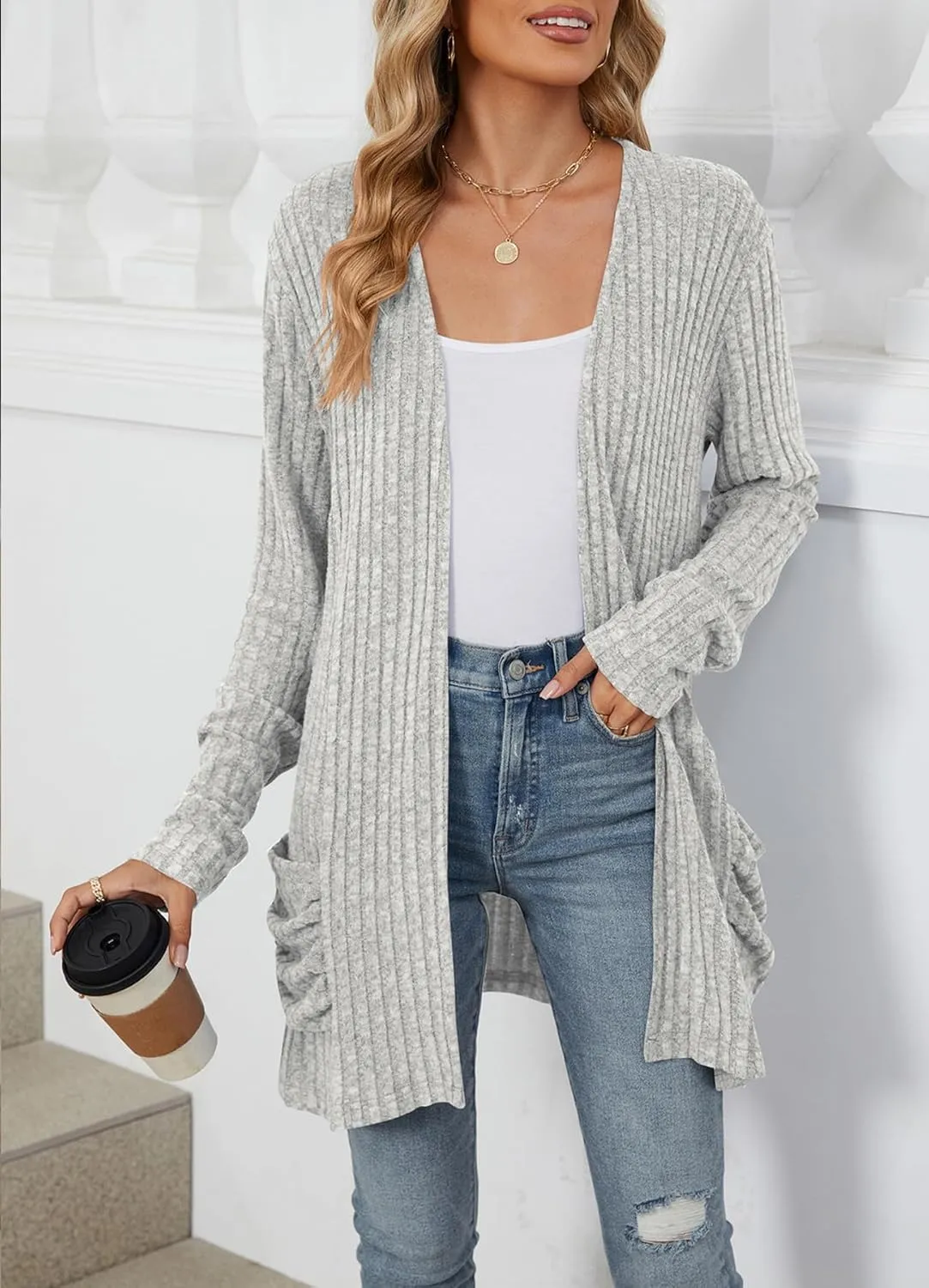 Women 2024 Long Sleeve Open Front Chunky Cable Knit Cardigan Sweaters Lightweight Casual Pockets Fall Outwear Coat