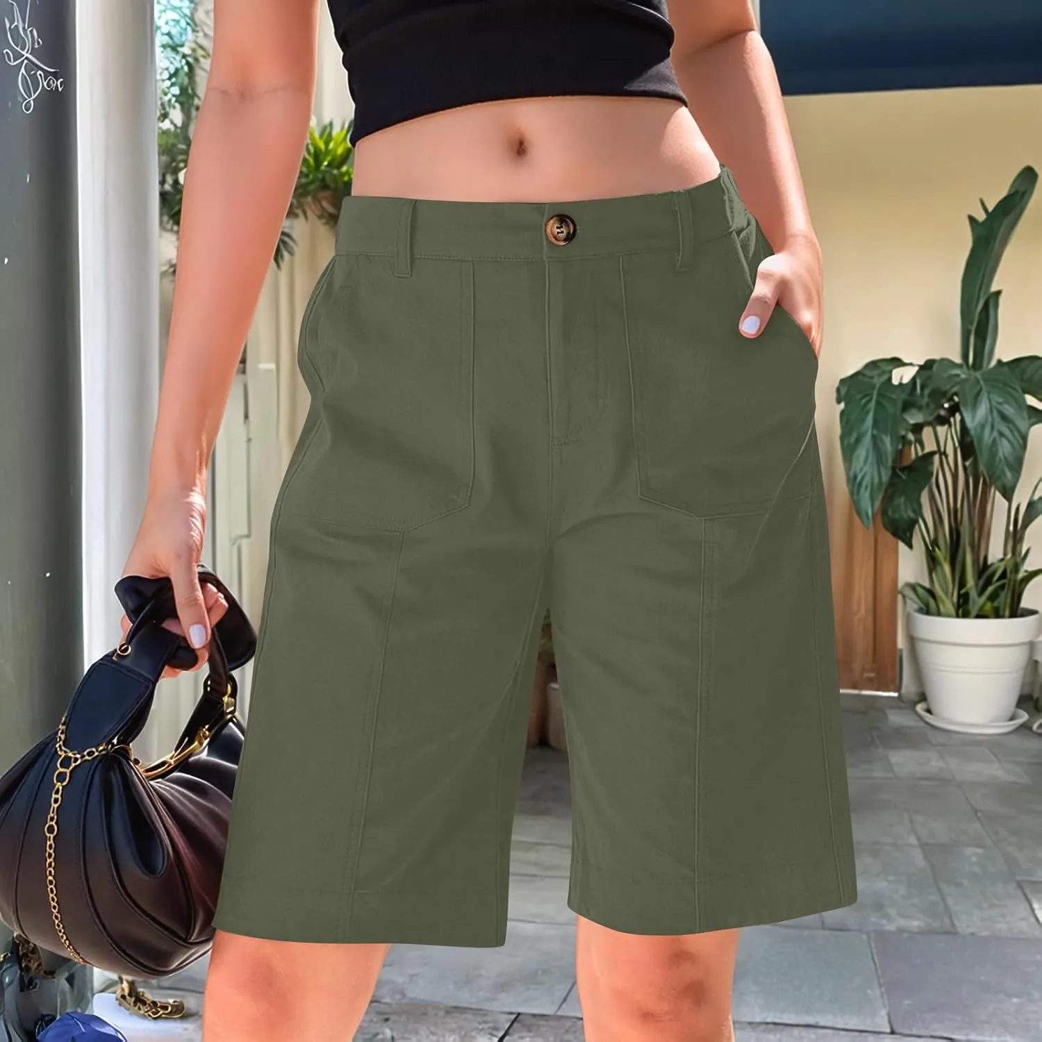 Women Bermuda Shorts Summer Casual High Waisted Knee Length Long Shorts with Pockets Elastic Wasit Chino Short