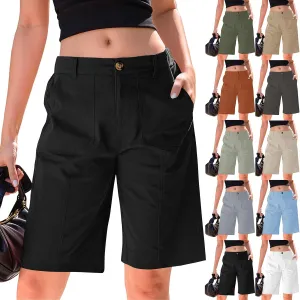 Women Bermuda Shorts Summer Casual High Waisted Knee Length Long Shorts with Pockets Elastic Wasit Chino Short