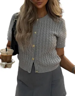 Women Cable Knit Short Sleeve Cardigan Sweater Button Down Y2k Knit Cropped Cardigans Vintage Going Out Tops