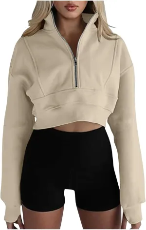 Women Fall Fashion 2024 Cropped Sweatshirt Half Zip Casual Long Sleeve Fleece Quarter Zipper Pullover Y2k Workout Top