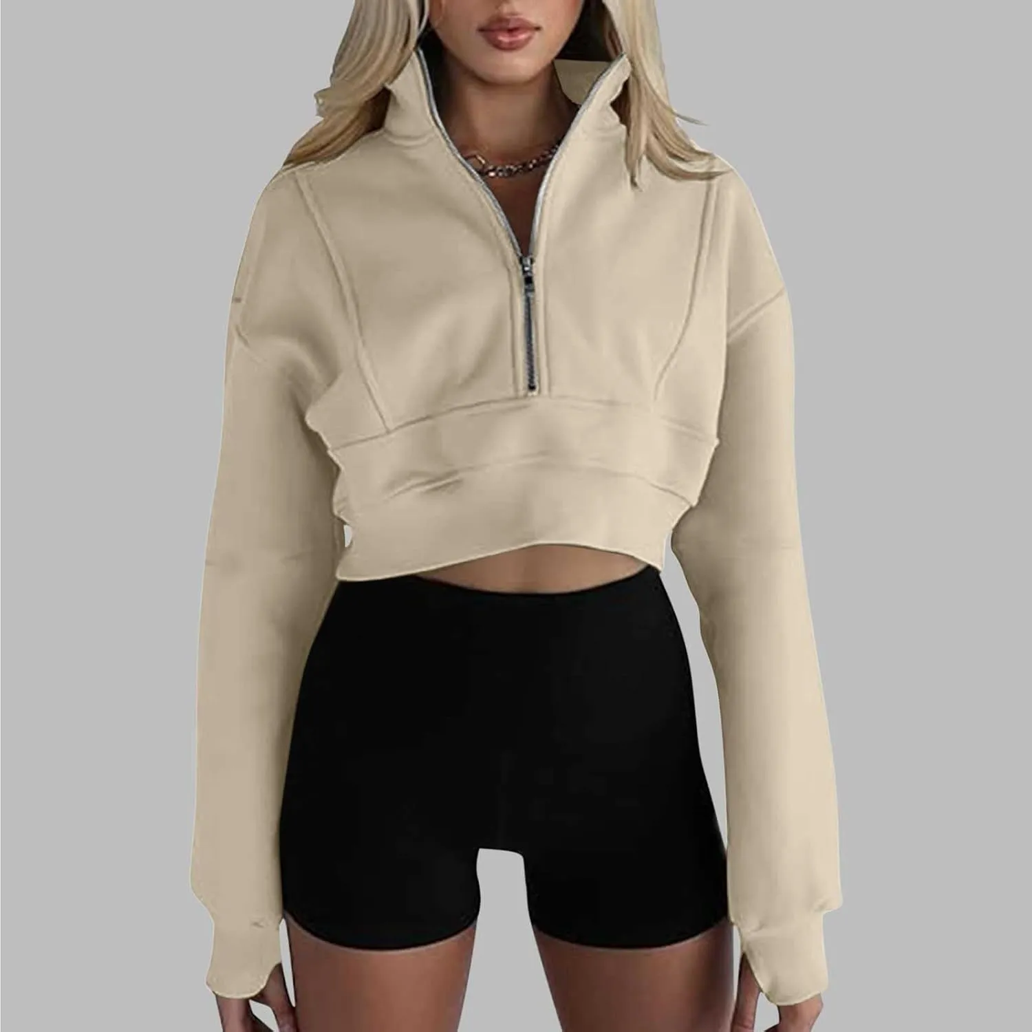Women Fall Fashion 2024 Cropped Sweatshirt Half Zip Casual Long Sleeve Fleece Quarter Zipper Pullover Y2k Workout Top