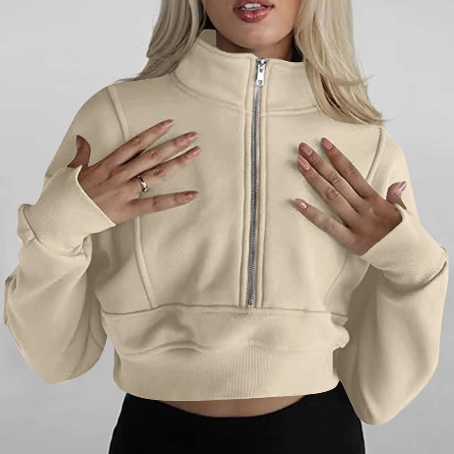 Women Fall Fashion 2024 Cropped Sweatshirt Half Zip Casual Long Sleeve Fleece Quarter Zipper Pullover Y2k Workout Top