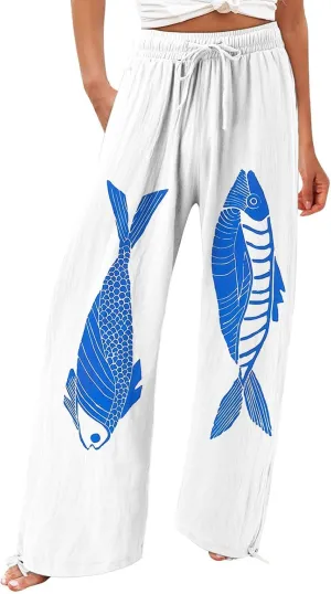 Women High Waisted Cotton Linen Boho Palazzo Pants Fish Art Printed Wide Leg Long Japanese Pant Trousers with Pockets