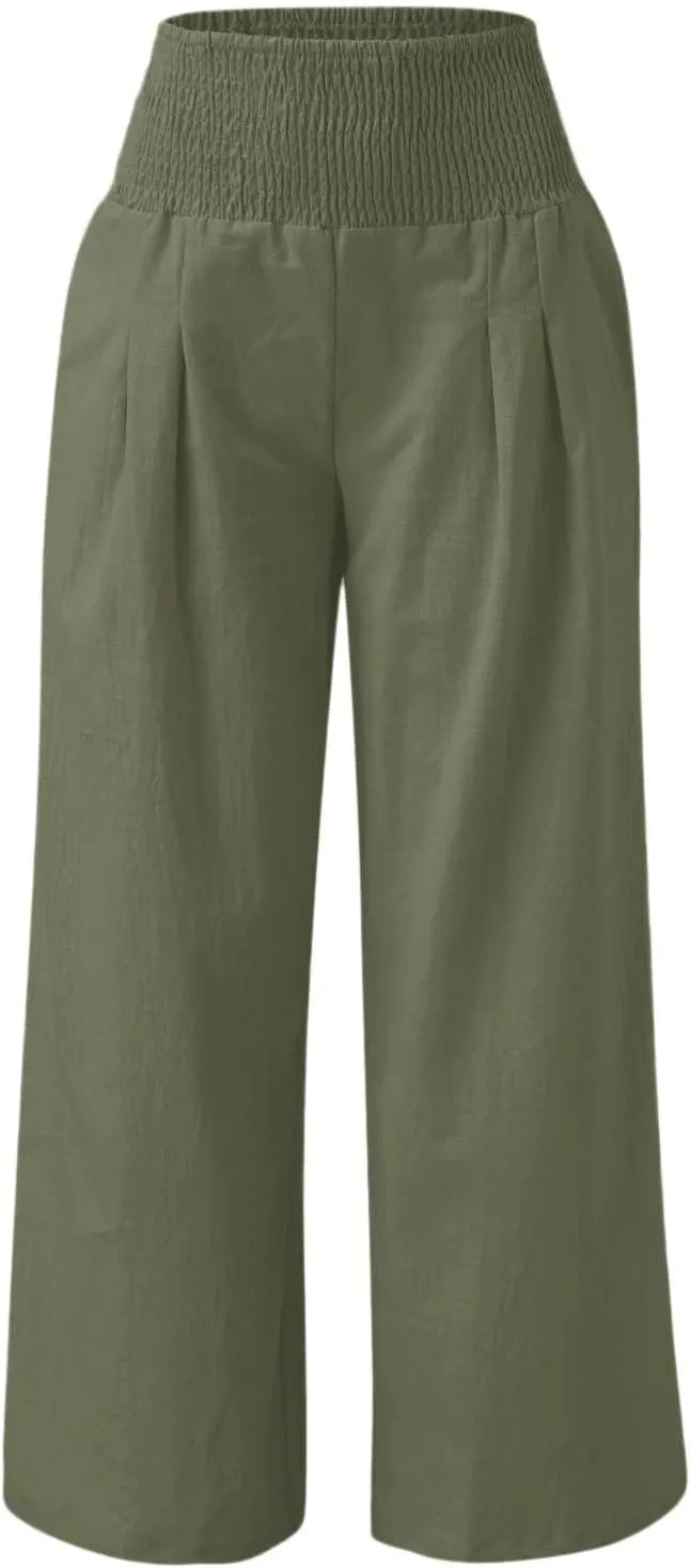 Women Linen Pants Casual Baggy Wide Leg Pants High Waisted Lounge Pants with Pockets Summer Lightweight Beach Pants