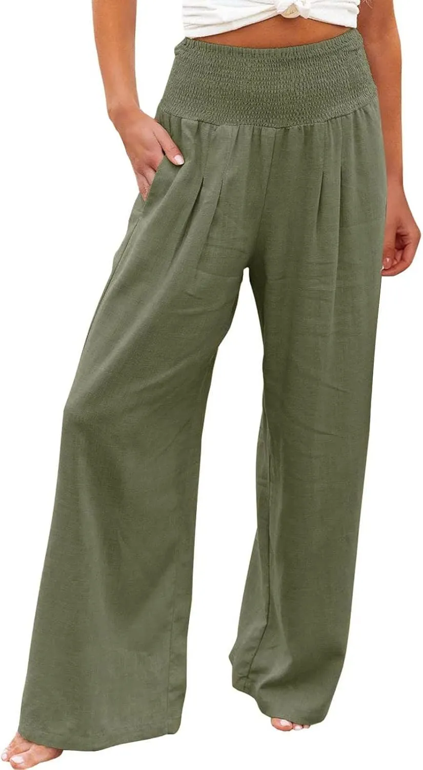 Women Linen Pants Casual Baggy Wide Leg Pants High Waisted Lounge Pants with Pockets Summer Lightweight Beach Pants