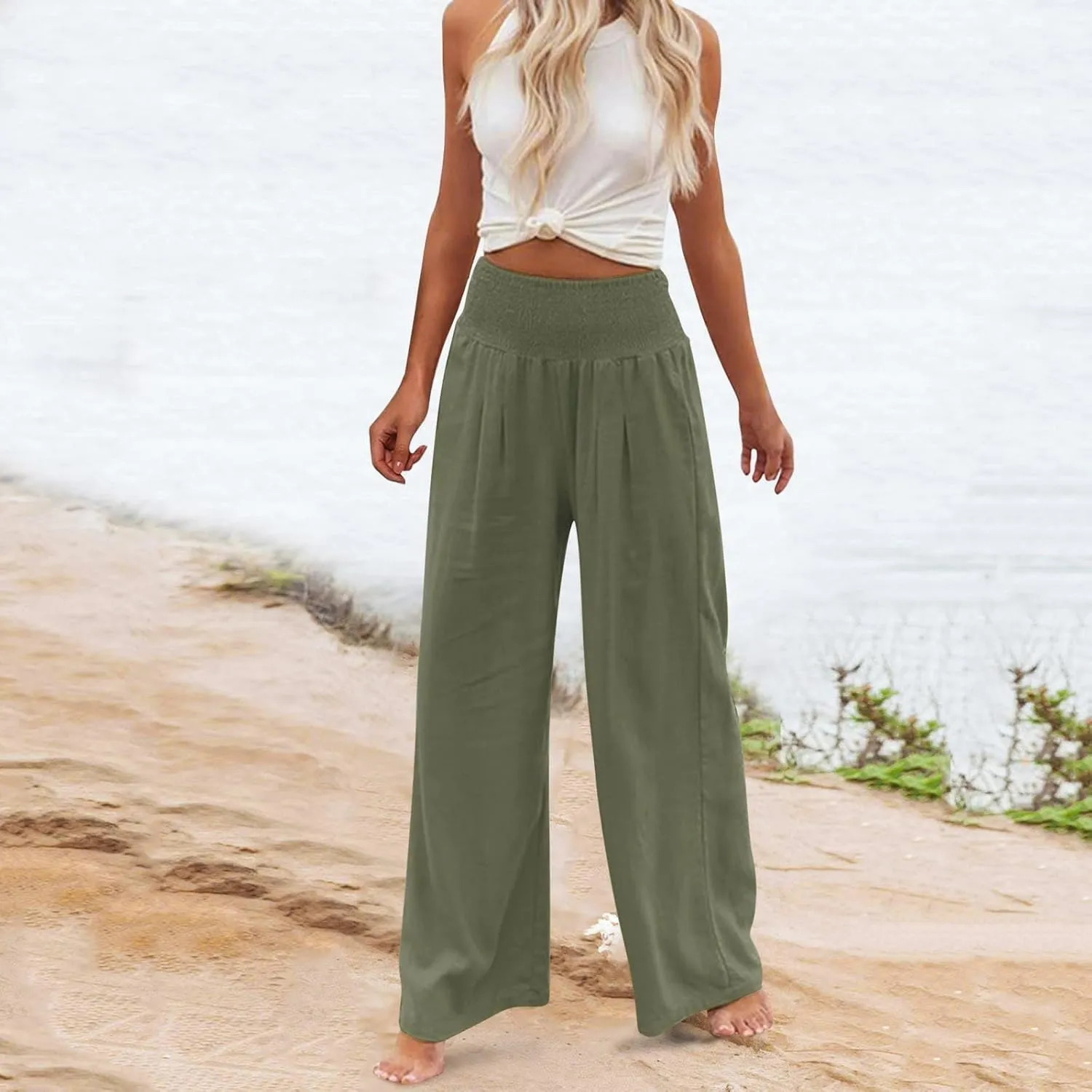 Women Linen Pants Casual Baggy Wide Leg Pants High Waisted Lounge Pants with Pockets Summer Lightweight Beach Pants