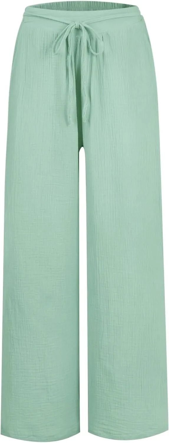 Women Linen Pants Wide Leg Casual Palazzo Beach Summer Drawstring Waist Cotton Linen Trousers Lounge with Pockets