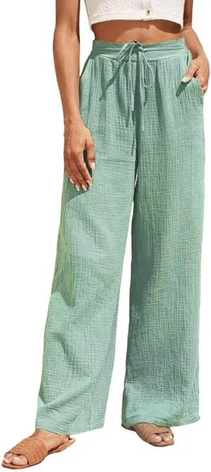 Women Linen Pants Wide Leg Casual Palazzo Beach Summer Drawstring Waist Cotton Linen Trousers Lounge with Pockets