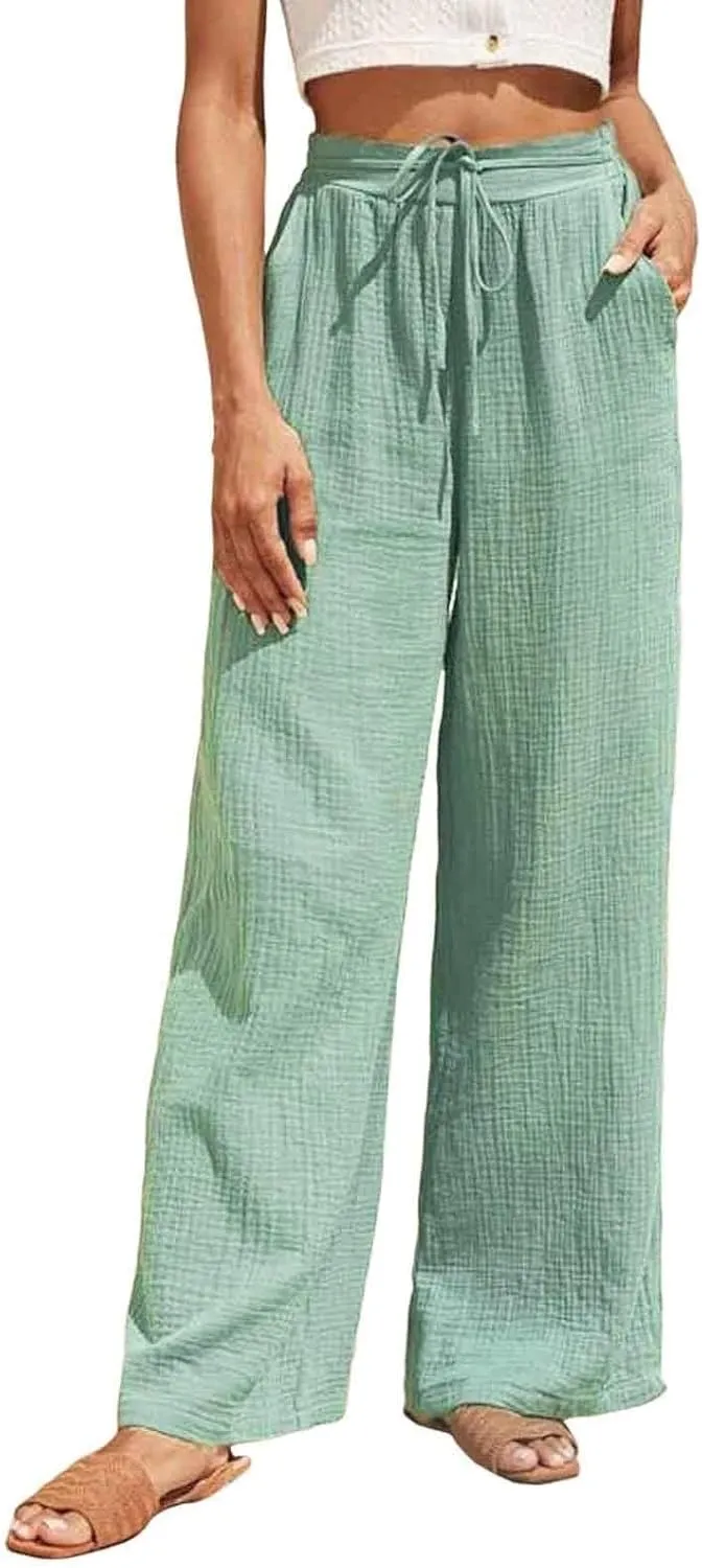 Women Linen Pants Wide Leg Casual Palazzo Beach Summer Drawstring Waist Cotton Linen Trousers Lounge with Pockets