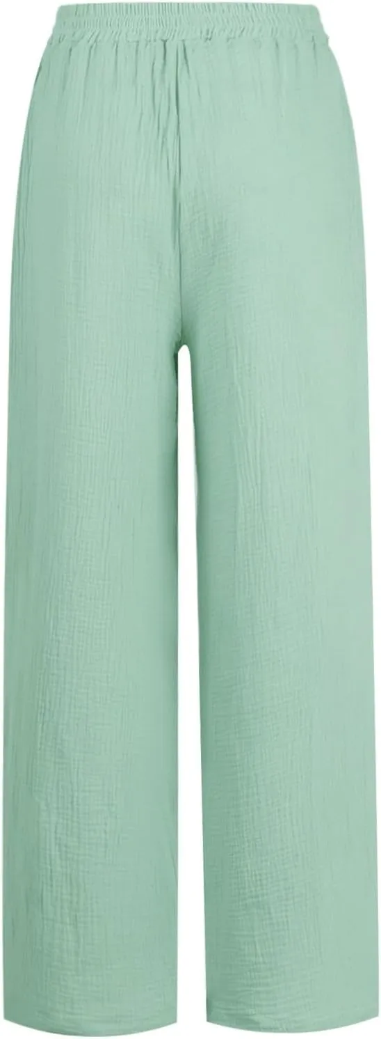 Women Linen Pants Wide Leg Casual Palazzo Beach Summer Drawstring Waist Cotton Linen Trousers Lounge with Pockets