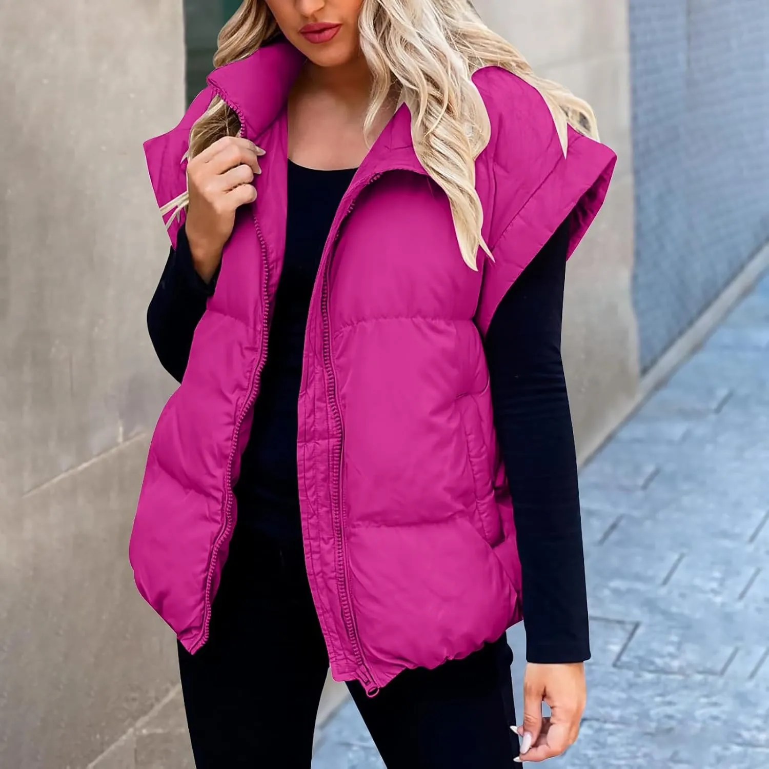 Women Packable Down Puffy Outwear Vest Up Collar Sleeveless Winter Warm Zipper Jacket with Outerwear Padded Jacket