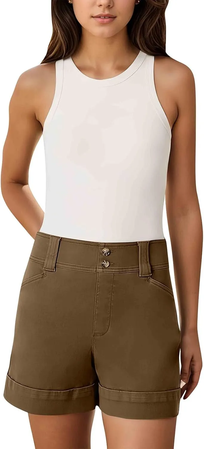Women Stretch Twill Shorts Casual High Waisted Summer Shorts Folded Hem Chino Shorts Bermuda Shorts with Pockets