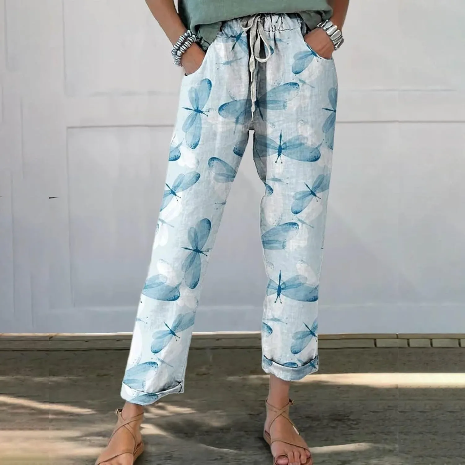 Women Summer Cotton Linen Palazzo Pants Linen Elastic Women Leg Solid Cotton Pants 2025 Flowy Beach Trendy Trousers