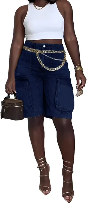 Women Y2k Baggy Denim Shorts Loose Fit Mid Rise Cargo Long Jean Shorts