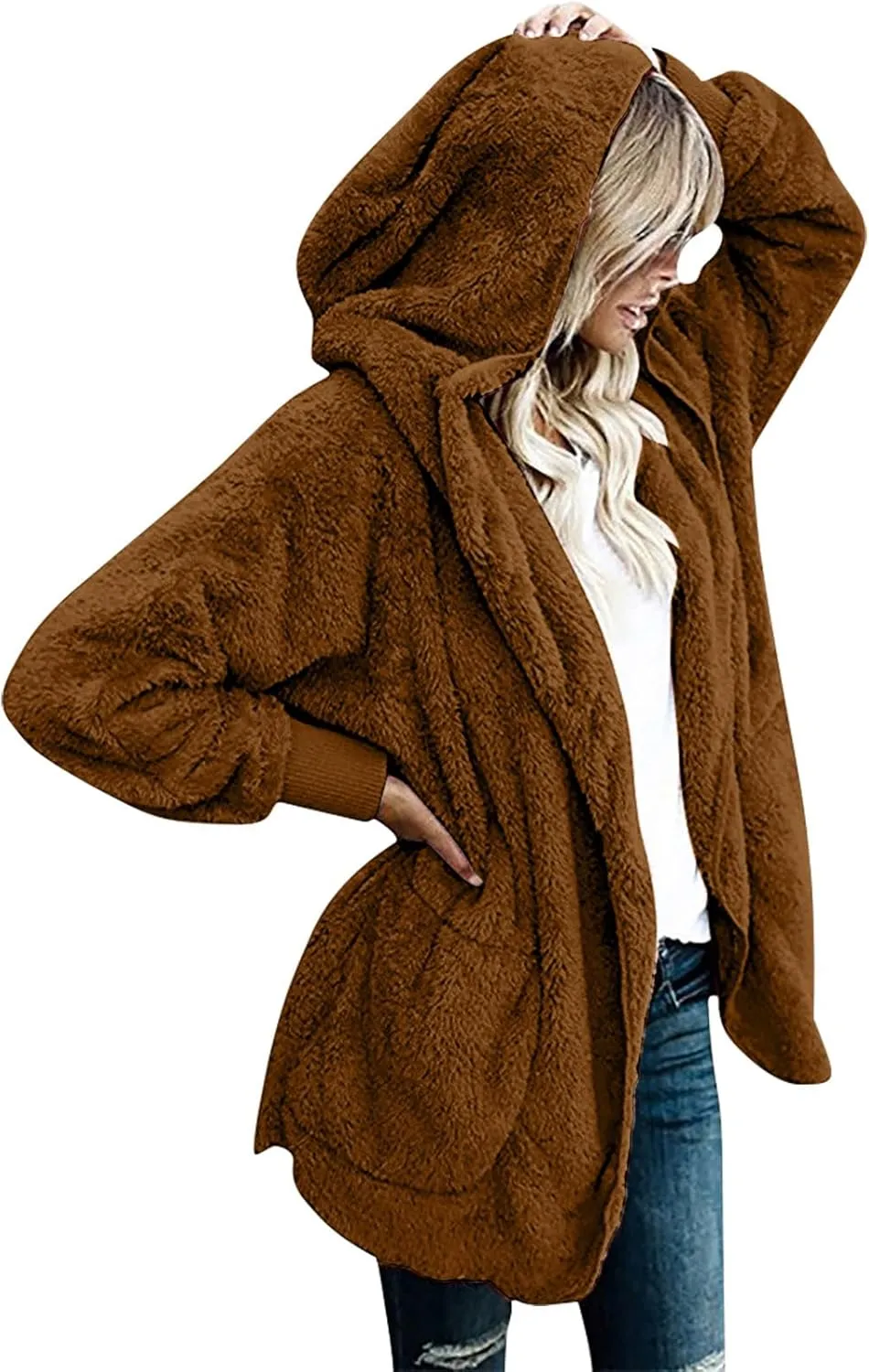 Womens 2023 Winter Long Sleeve Solid Fuzzy Fleece Open Front Hooded Cardigans Jacket Coats
