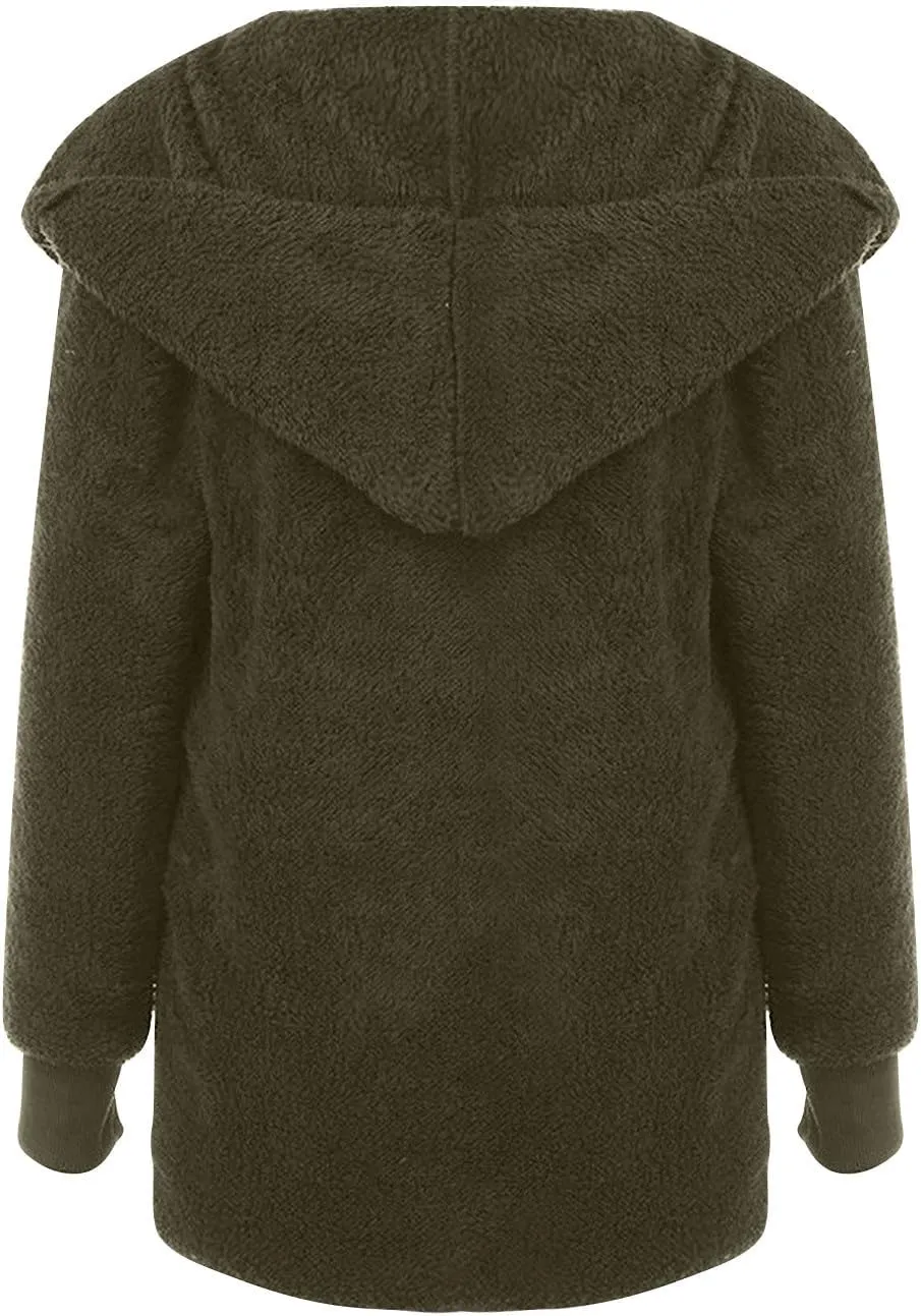 Womens 2023 Winter Long Sleeve Solid Fuzzy Fleece Open Front Hooded Cardigans Jacket Coats