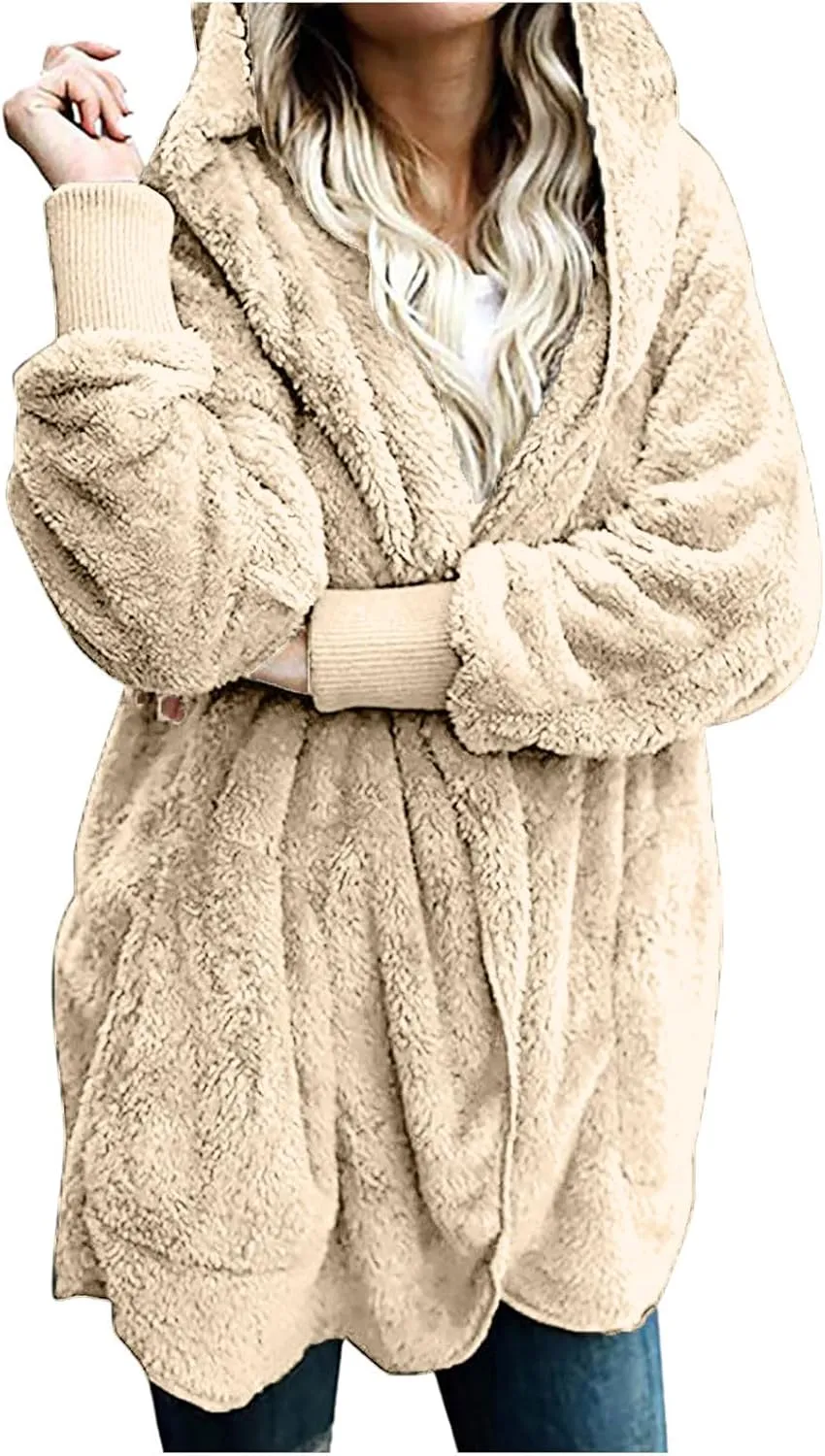 Womens 2023 Winter Long Sleeve Solid Fuzzy Fleece Open Front Hooded Cardigans Jacket Coats