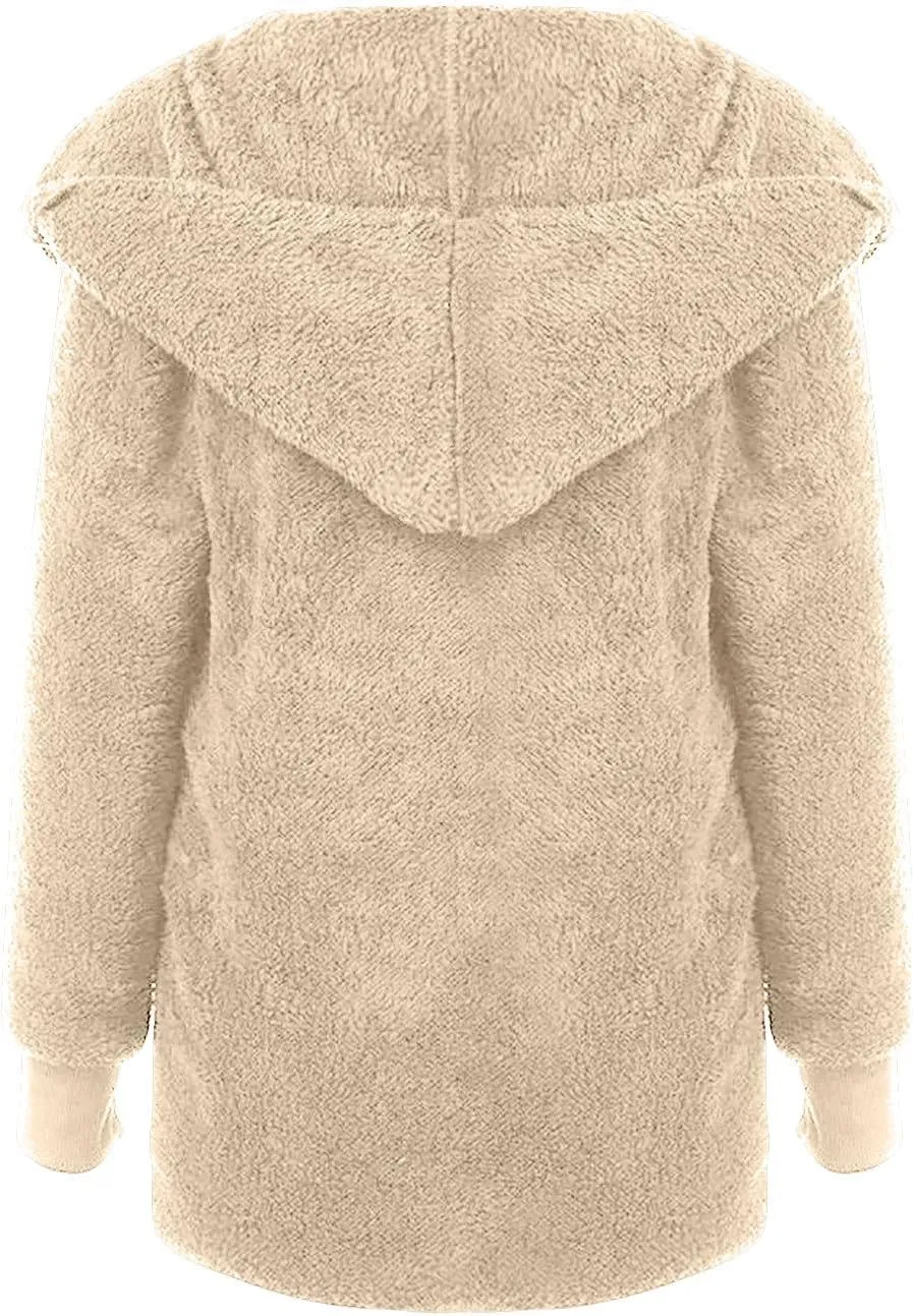 Womens 2023 Winter Long Sleeve Solid Fuzzy Fleece Open Front Hooded Cardigans Jacket Coats