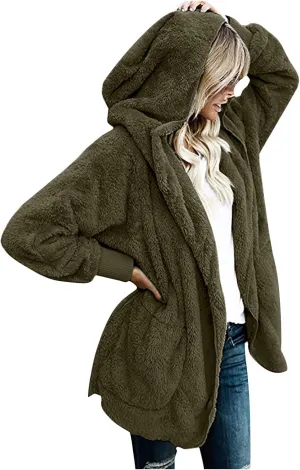 Womens 2023 Winter Long Sleeve Solid Fuzzy Fleece Open Front Hooded Cardigans Jacket Coats