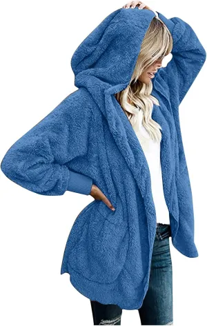 Womens 2023 Winter Long Sleeve Solid Fuzzy Fleece Open Front Hooded Cardigans Jacket Coats