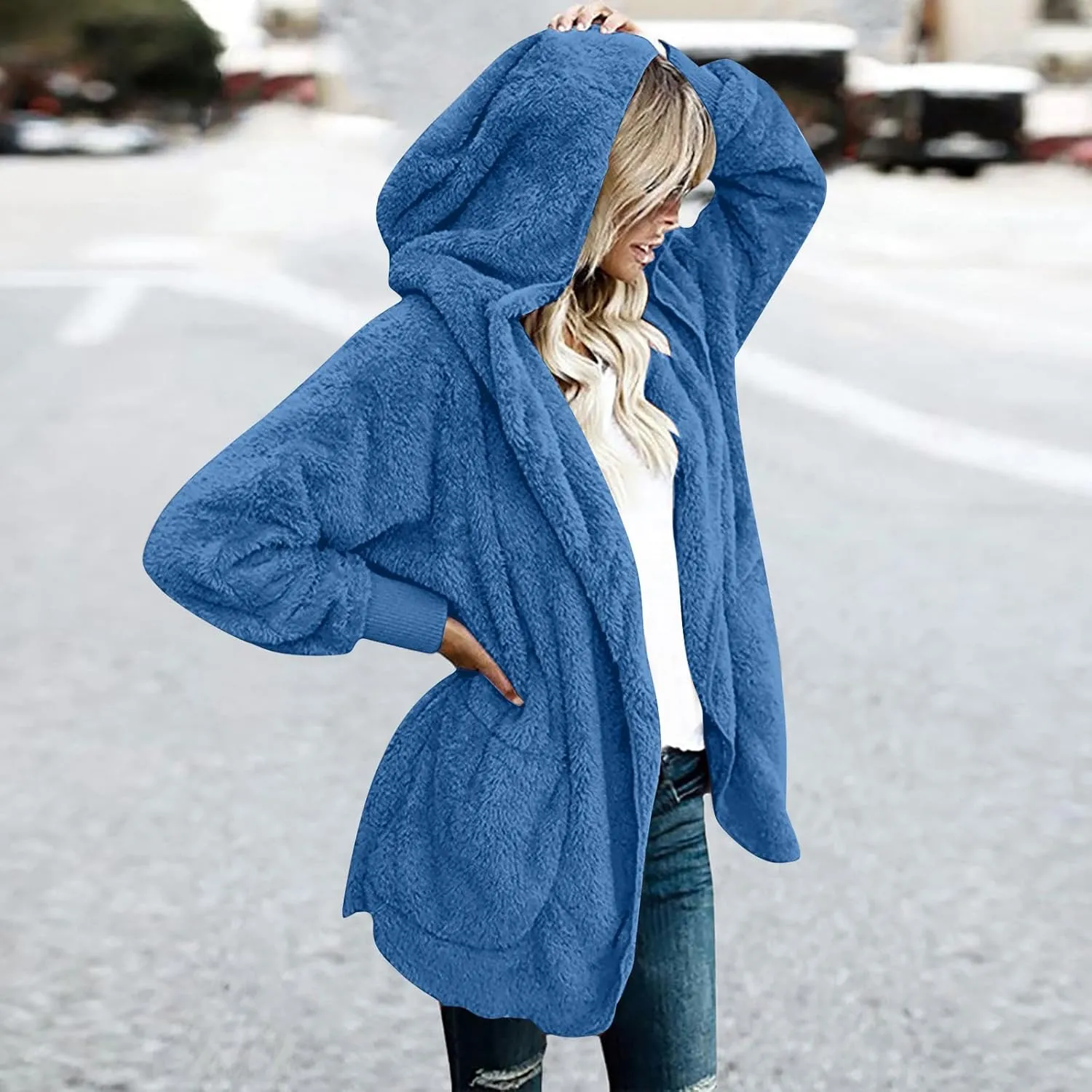 Womens 2023 Winter Long Sleeve Solid Fuzzy Fleece Open Front Hooded Cardigans Jacket Coats