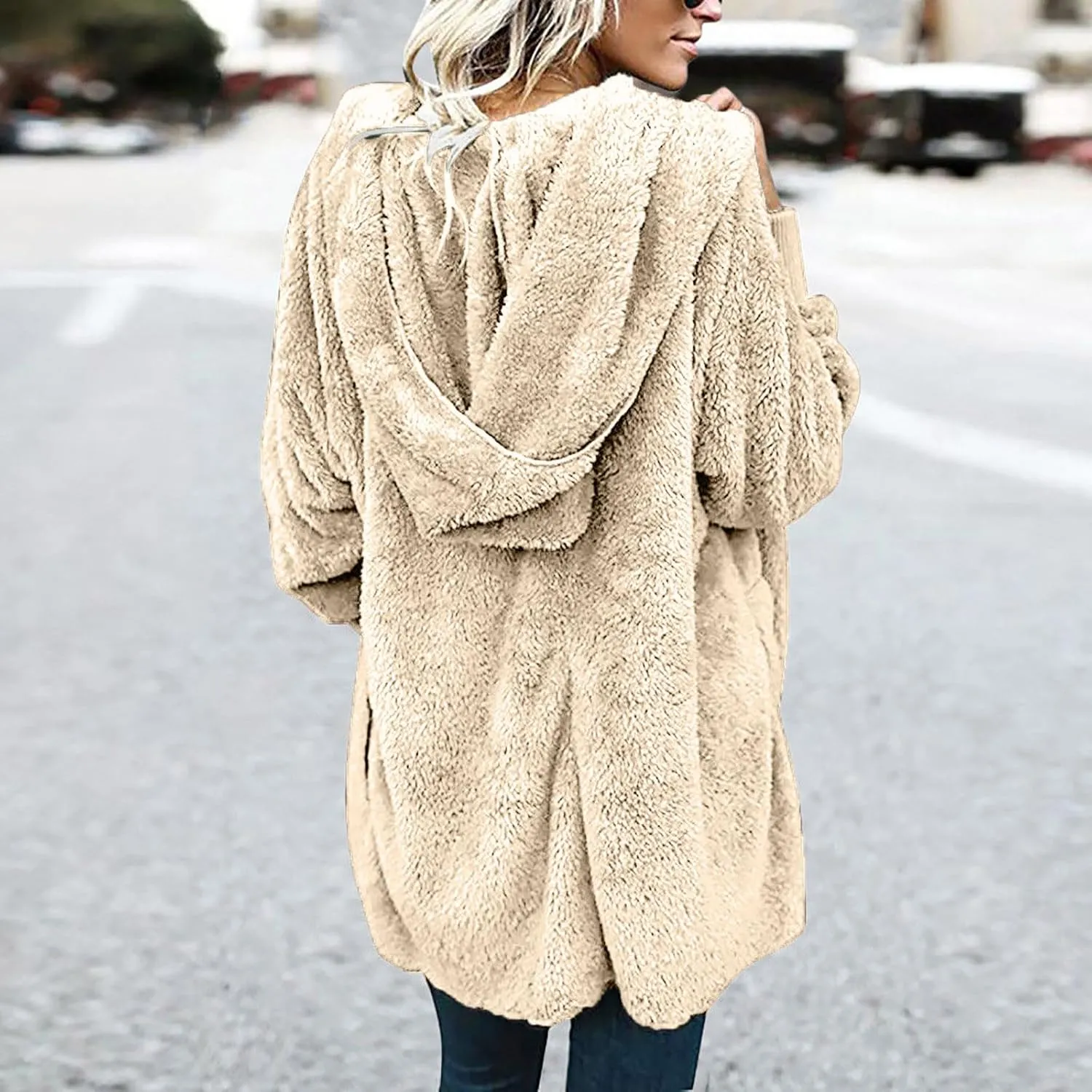 Womens 2023 Winter Long Sleeve Solid Fuzzy Fleece Open Front Hooded Cardigans Jacket Coats
