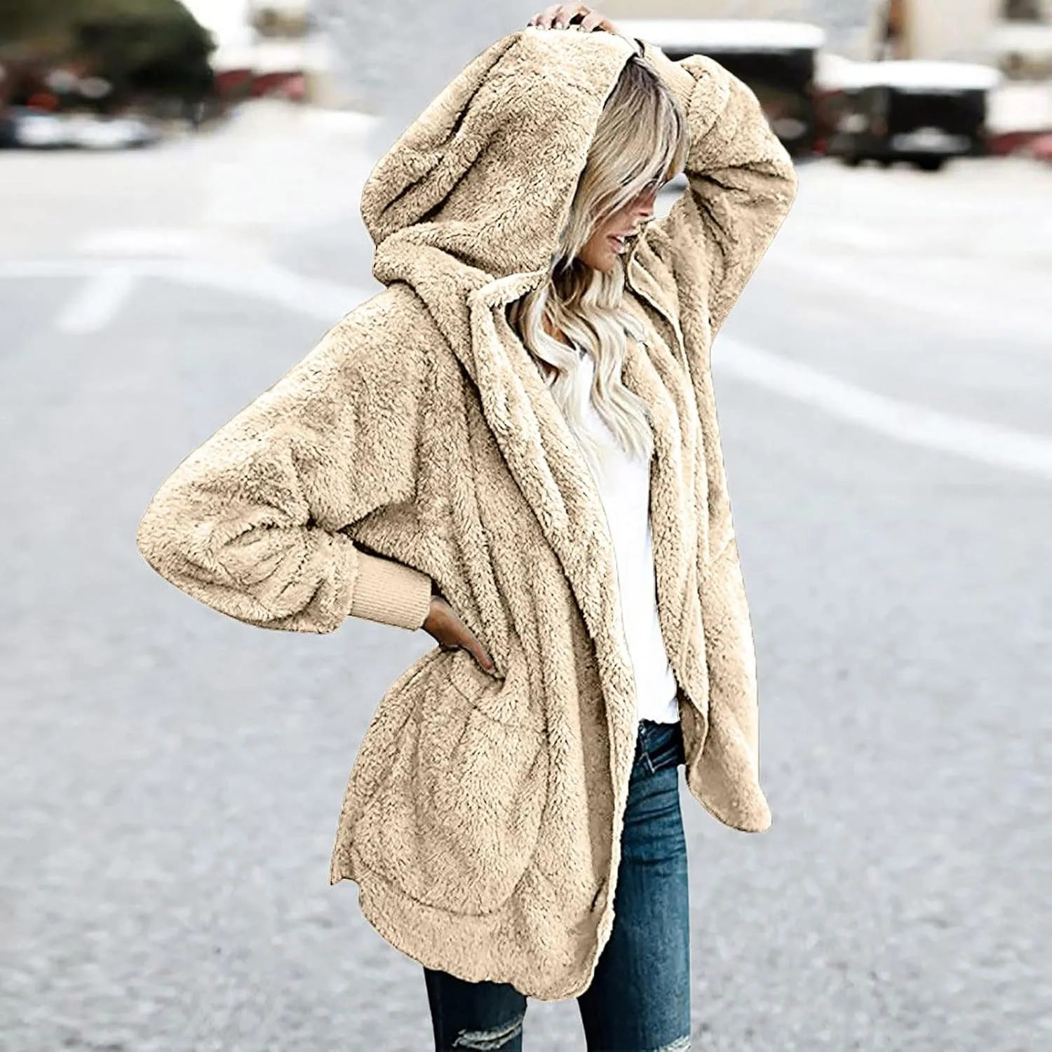 Womens 2023 Winter Long Sleeve Solid Fuzzy Fleece Open Front Hooded Cardigans Jacket Coats