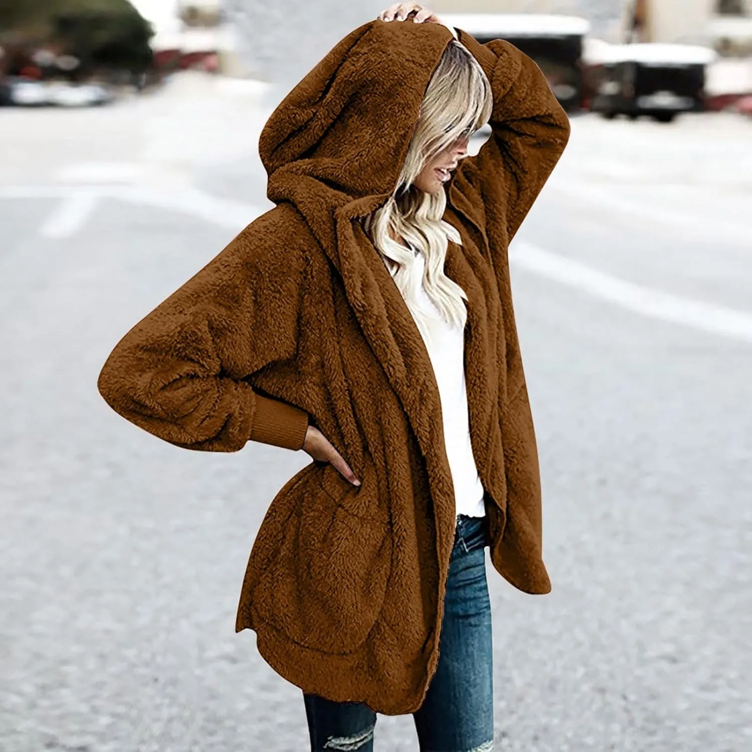 Womens 2023 Winter Long Sleeve Solid Fuzzy Fleece Open Front Hooded Cardigans Jacket Coats
